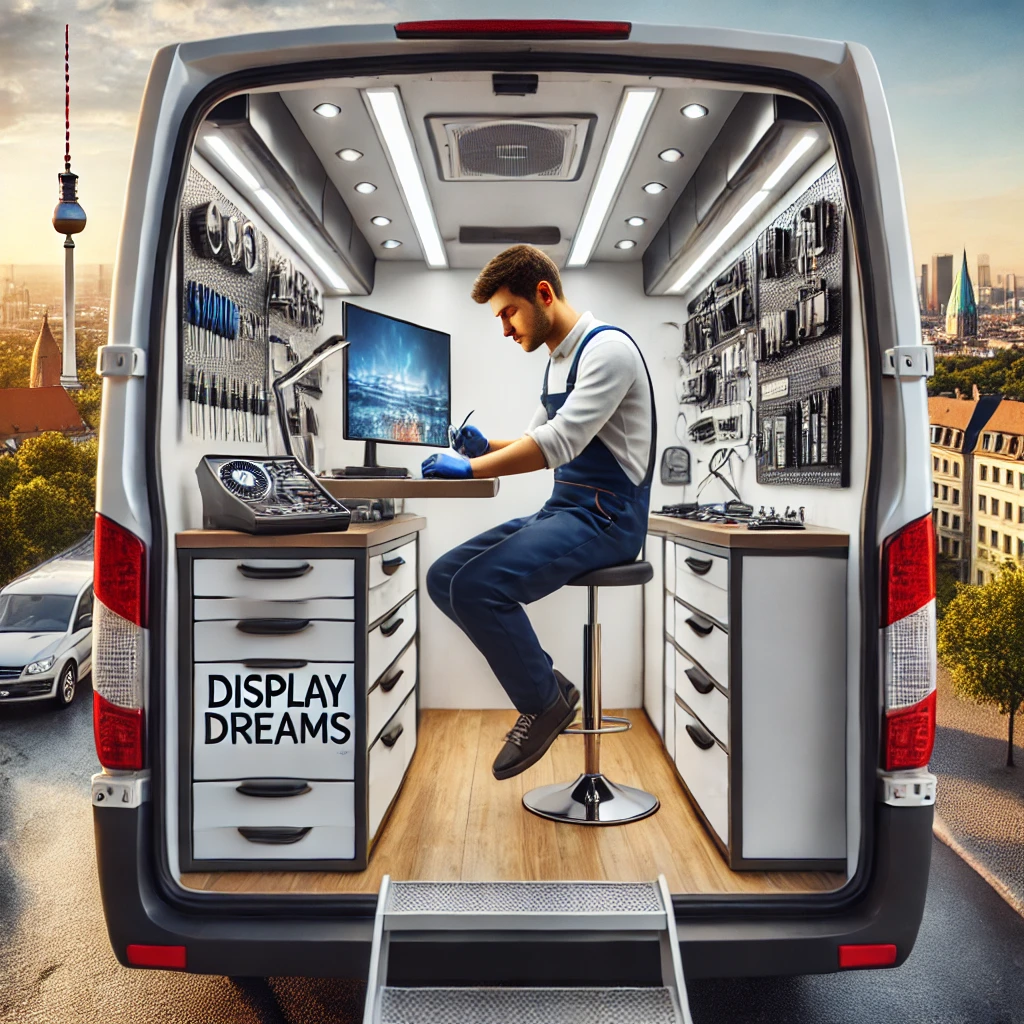 Techniker repariert Handy in einer mobilen Werkstatt in Berlin.